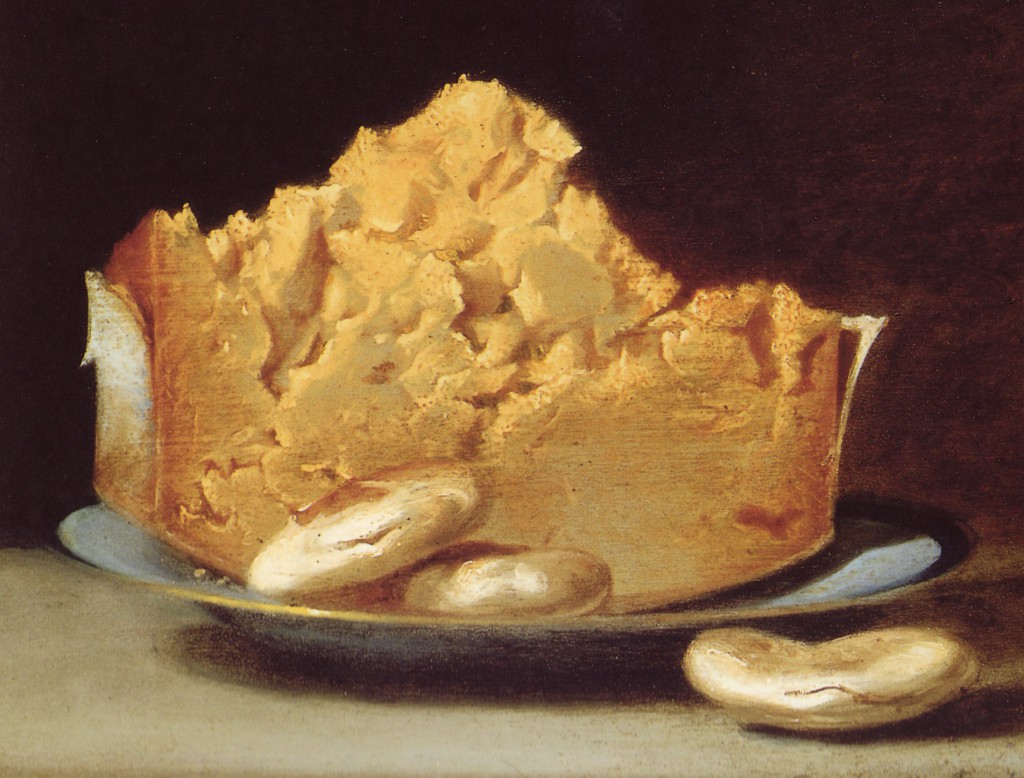 Painting of crumbly cheese.