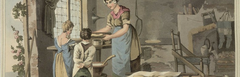 A woman making oat cakes. Her two children watching.